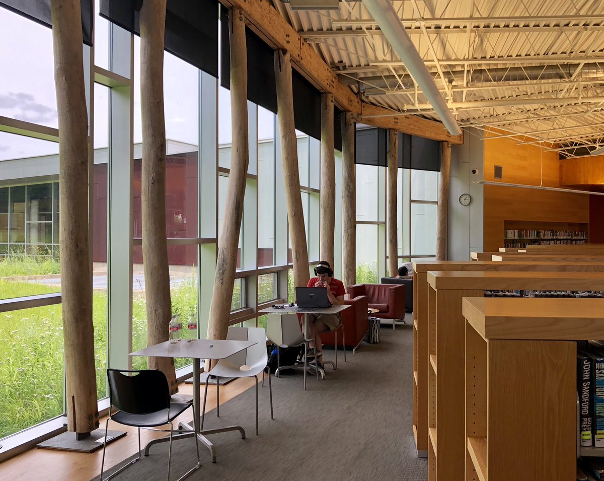 inFORM Studio, Traverwood Branch Library (2008) /// Traverwood, on the north side of Ann Arbor, was the last of the new branch libraries. Ash trees which had been killed by ash borers were removed from the site and used as columns.