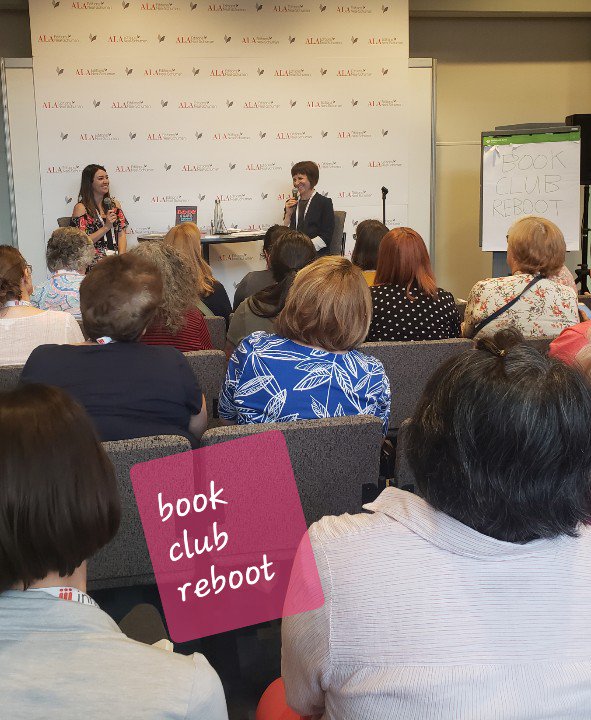 JanieH's tweet image. Overflow audience for the authors of &quot;Book Club Reboot&quot; ... a book that came out of the #programminglibrarian subcommittee. #alaac19 #bookclub