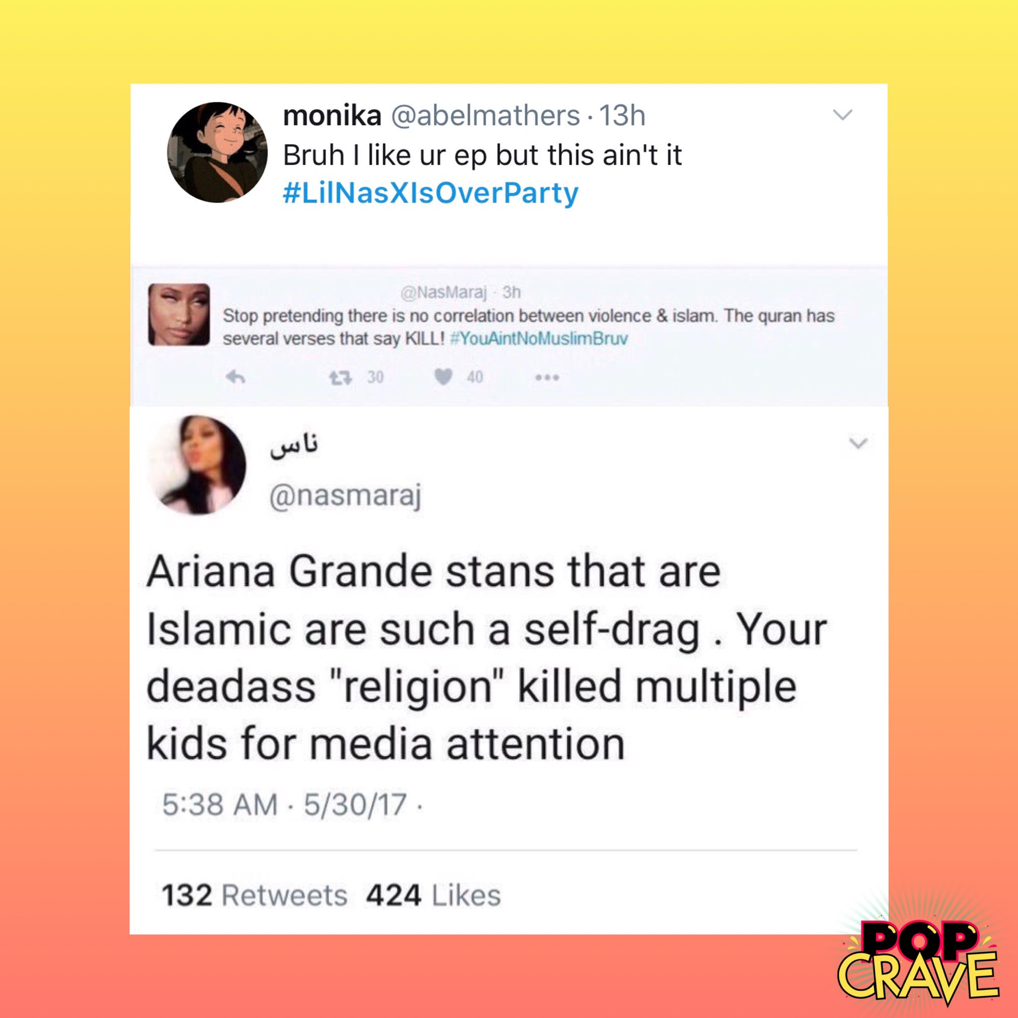 Pop Crave On Twitter The Lilnasxisoverparty Hashtag Is Filled With Resurfaced Islamophobic Tweets Belonging To Nasmaraj As Well As Back And Forth Among Users Trying To Discern If Nasmaraj Is In Fact Lil Nas