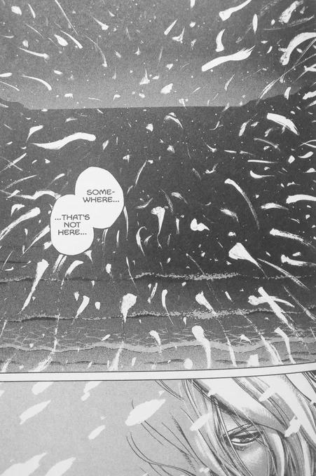 finally reading my roommate's volumes of vinland saga before the anime premieres and I'm so into these thick white brushstrokes that are used to depict snow being blown by the wind 