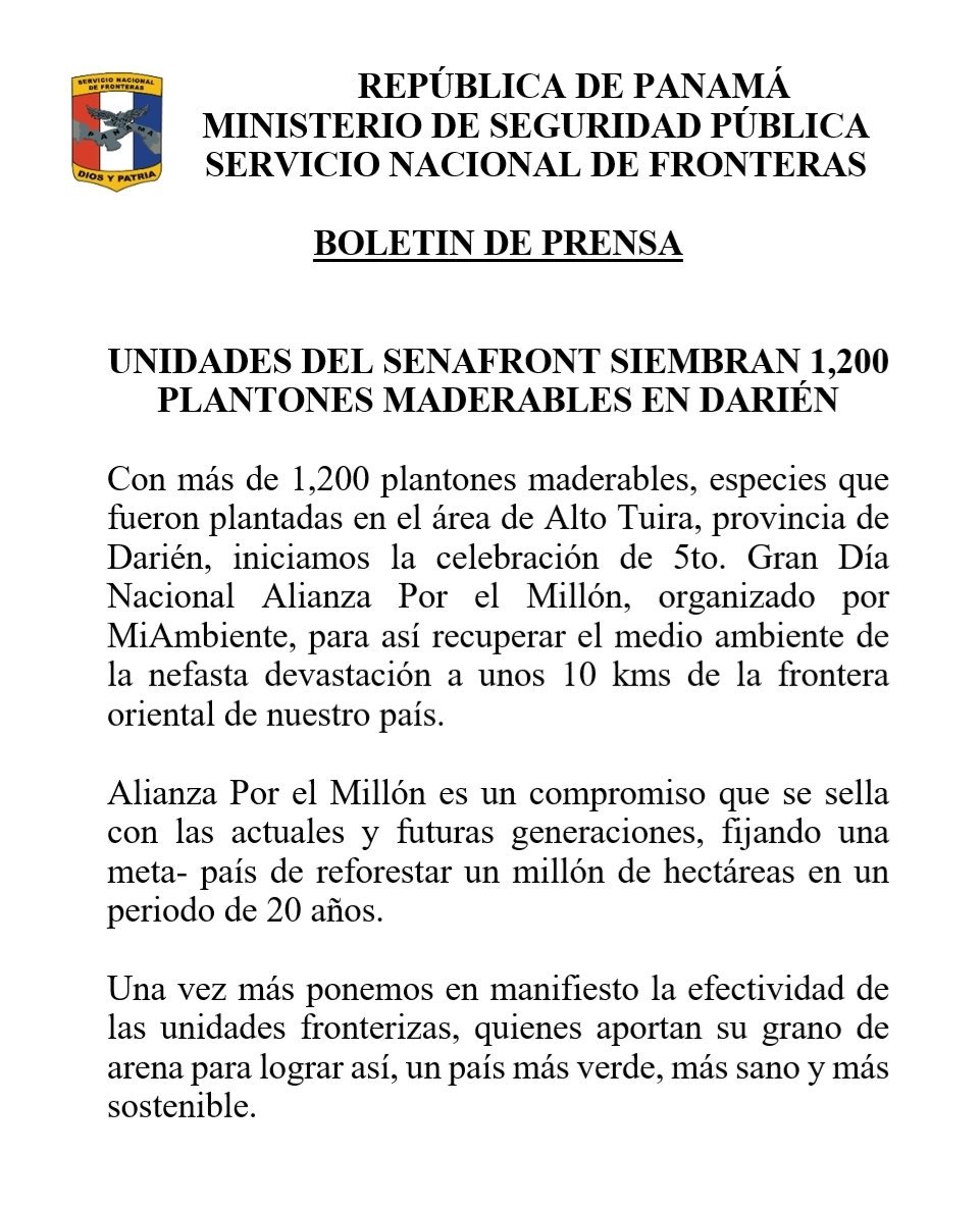 senafrontpanama's tweet photo. Unidades de Senafront siembran 1,200 plantones maderables en #Darién por un país más verde, más sano y más sostenible #ServimosConPasión @MiAmbientePma @TReporta @tvnnoticias @nexnoticias @SertvNoticias @criticaenlinea @PanamaAmerica @prensacom @EstrellaOnline @reformaseoye https://t.co/nBUeEXXAUR