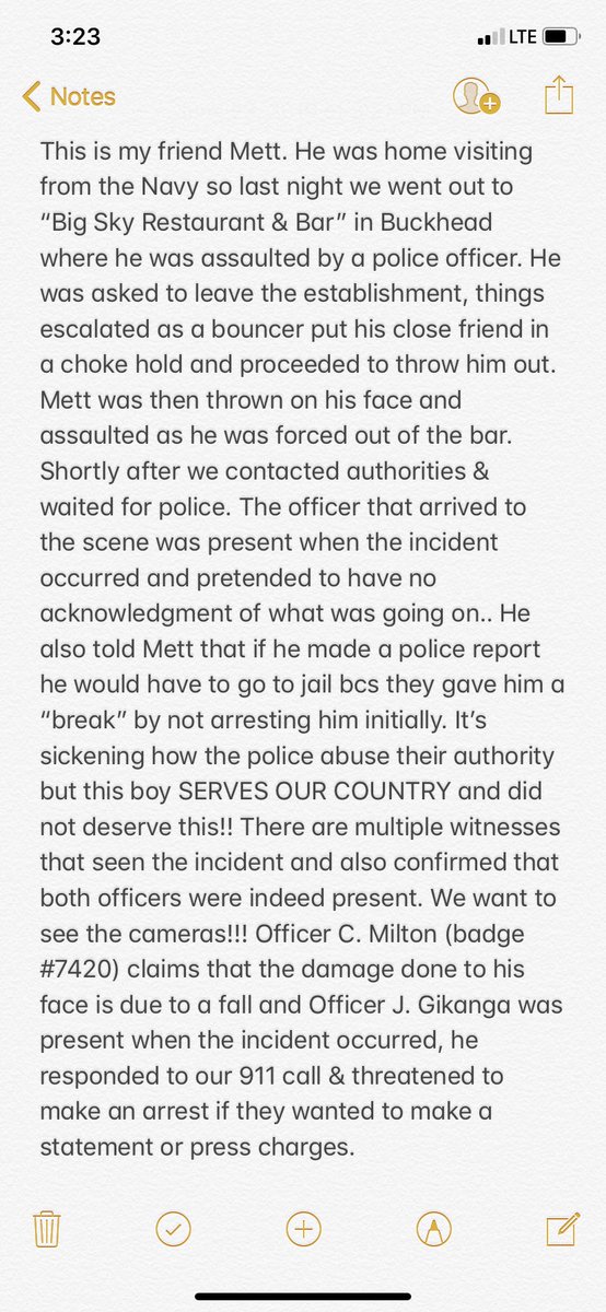 driplikejuicy's tweet photo. Last night at “Big Sky Restaurant &amp; Bar” in Buckhead Atlanta, Georgia my friend was assaulted by the police. Officer C. Milton proclaims these injuries are due to a “fall.” Officer J. Gikanga threatened him w/ jail time for attempting to press charges! PLEASE READ AND WATCH!!! https://t.co/cl4t2nusUZ