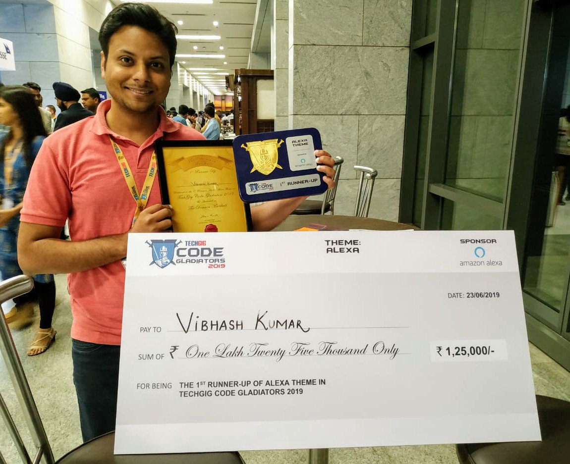 vibi13's tweet photo. Super excited to be one of the winners of @techgigdotcom #CodeGladiators 2019 hackathon for Amazon @alexa99 theme! #CodeGladiator19winner (1/4) https://t.co/NlZDW6F85u