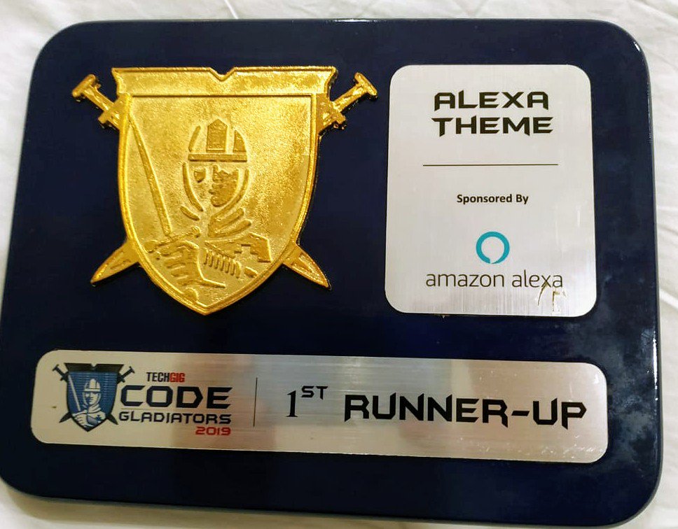 vibi13's tweet photo. Super excited to be one of the winners of @techgigdotcom #CodeGladiators 2019 hackathon for Amazon @alexa99 theme! #CodeGladiator19winner (1/4) https://t.co/NlZDW6F85u