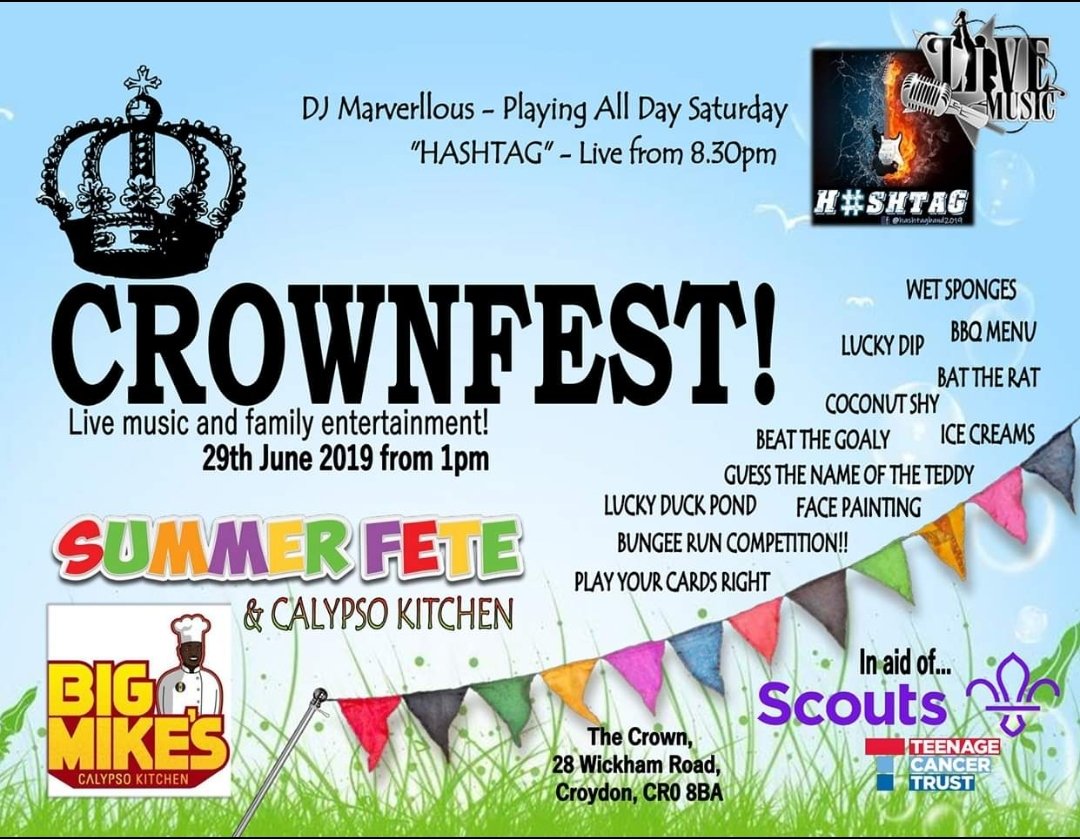 29thCroydon's tweet photo. Crownfest is NEXT WEEKEND!! 

A whole day of music, the best summer fete stalls...a chance to show off your throwing, kicking and duck fishing skills, win amazing prices and let's not forget...prove you are the best bungee runner in town!

1pm next Satuday at The Crown, Shirley! https://t.co/akReZhLu9M