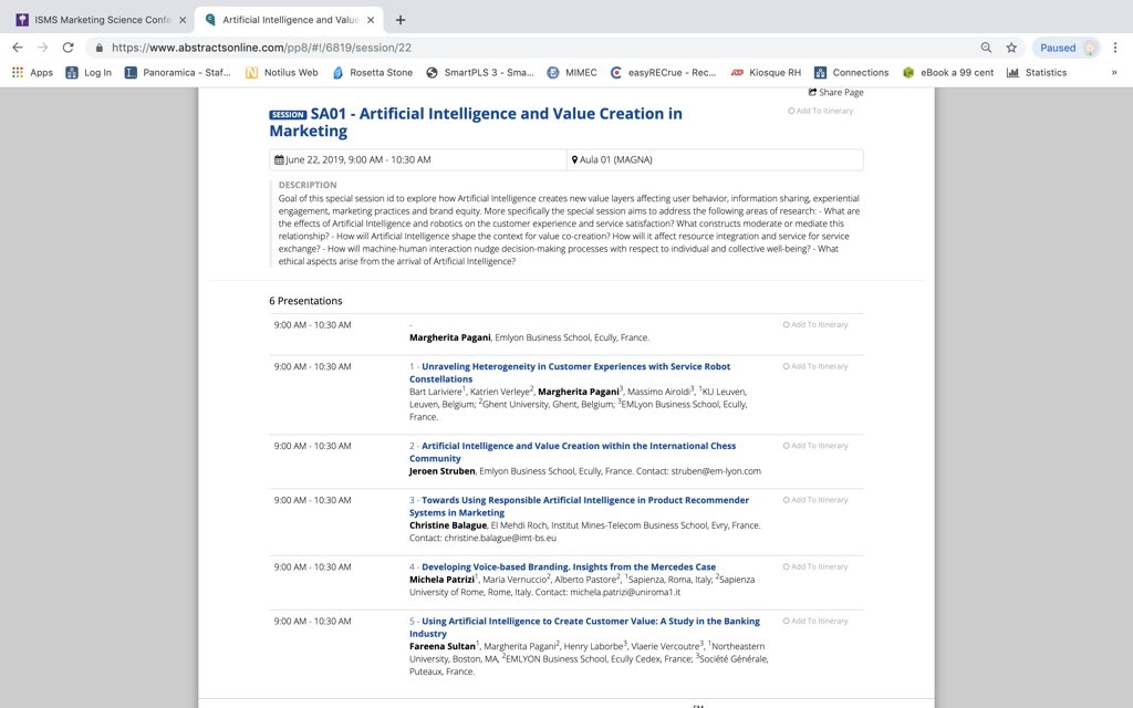 AIM_AIValue's tweet photo. Great #ISMS2019 Marketing Science Conference with impressive scholars. We are very proud of this first special session on #ArtificialIntelligence and Value Creation in Marketing!! Thanks @DRomatre @NYUStern https://t.co/kaFFzY8rPy