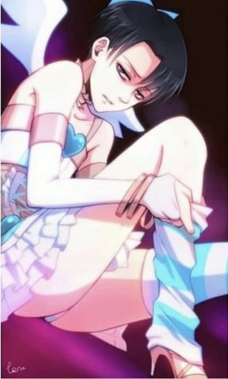 _ackermanLev's tweet image. “I.. I put this outfit on for you Eren, do you like it?” 

Levi asks as he finishes putting on the stocking on his rigjt leg. He was a little shy because it was very showy but he knew Eren liked that.