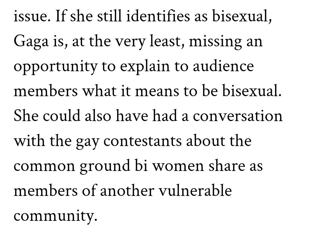 it focuses on the drag race episode too, mistaking "gay community" for lgtbq+ community. additionally it asks why gaga didn't address her bisexuality in the conversation. the answer is simple: because it wasn't the topic.