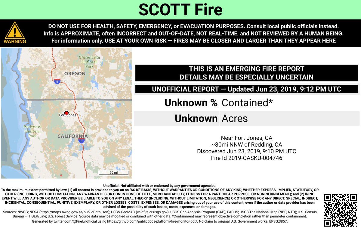 CaliFireBot's tweet image. #ScottFire 🔥 unofficial new fire report.
Near Fort Jones, CA. ⚠️ DO NOT USE FOR SAFETY PURPOSES - See officials instead. May be incorrect; disclaimers in images.