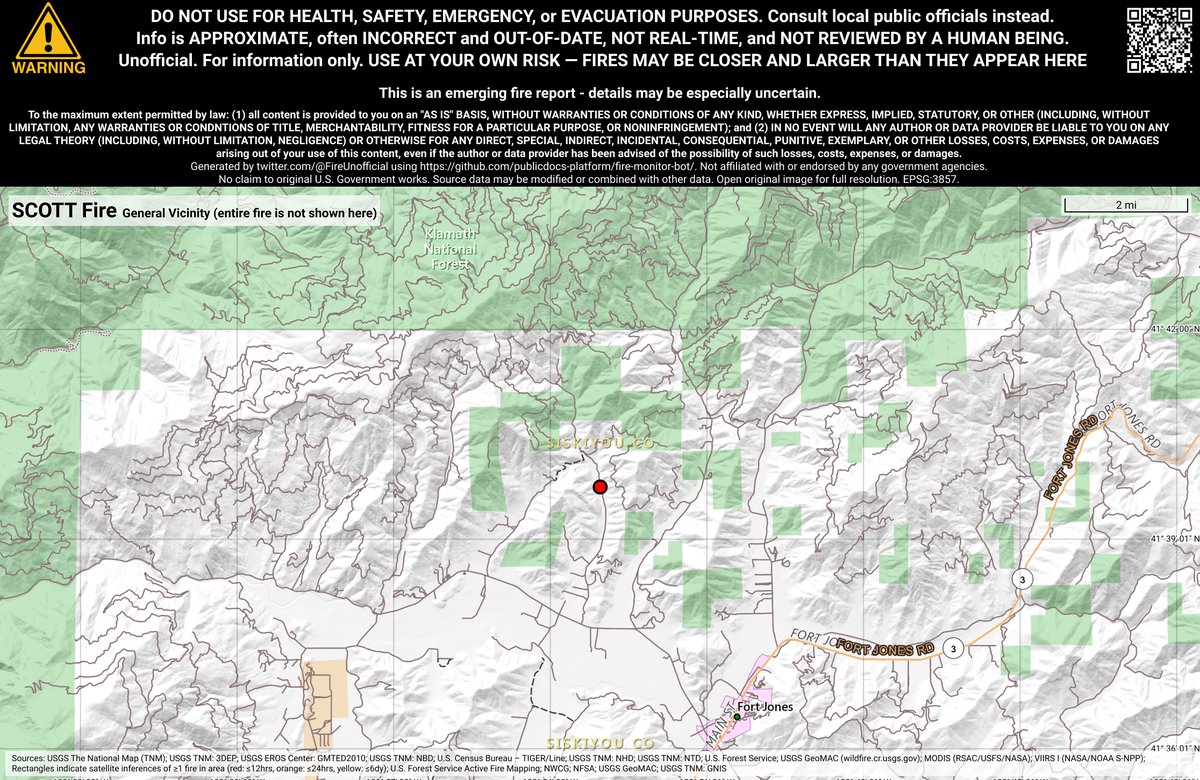 CaliFireBot's tweet image. #ScottFire 🔥 unofficial new fire report.
Near Fort Jones, CA. ⚠️ DO NOT USE FOR SAFETY PURPOSES - See officials instead. May be incorrect; disclaimers in images.