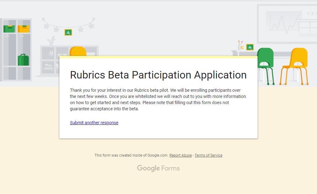 Just submitted an application to beta test rubrics in #GoogleClassroom.  You can apply at docs.google.com/forms/d/e/1FAI… #GSuiteEDU #ditchbook #gttribe