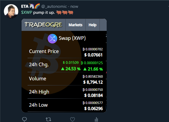 PuNkYsHuNgRy's tweet photo. $XWP 
@Swap_Community
    Pumpy Pumpy!! 🐂🐂🐂🚀🚀🚀 https://t.co/lUK24nwkKE