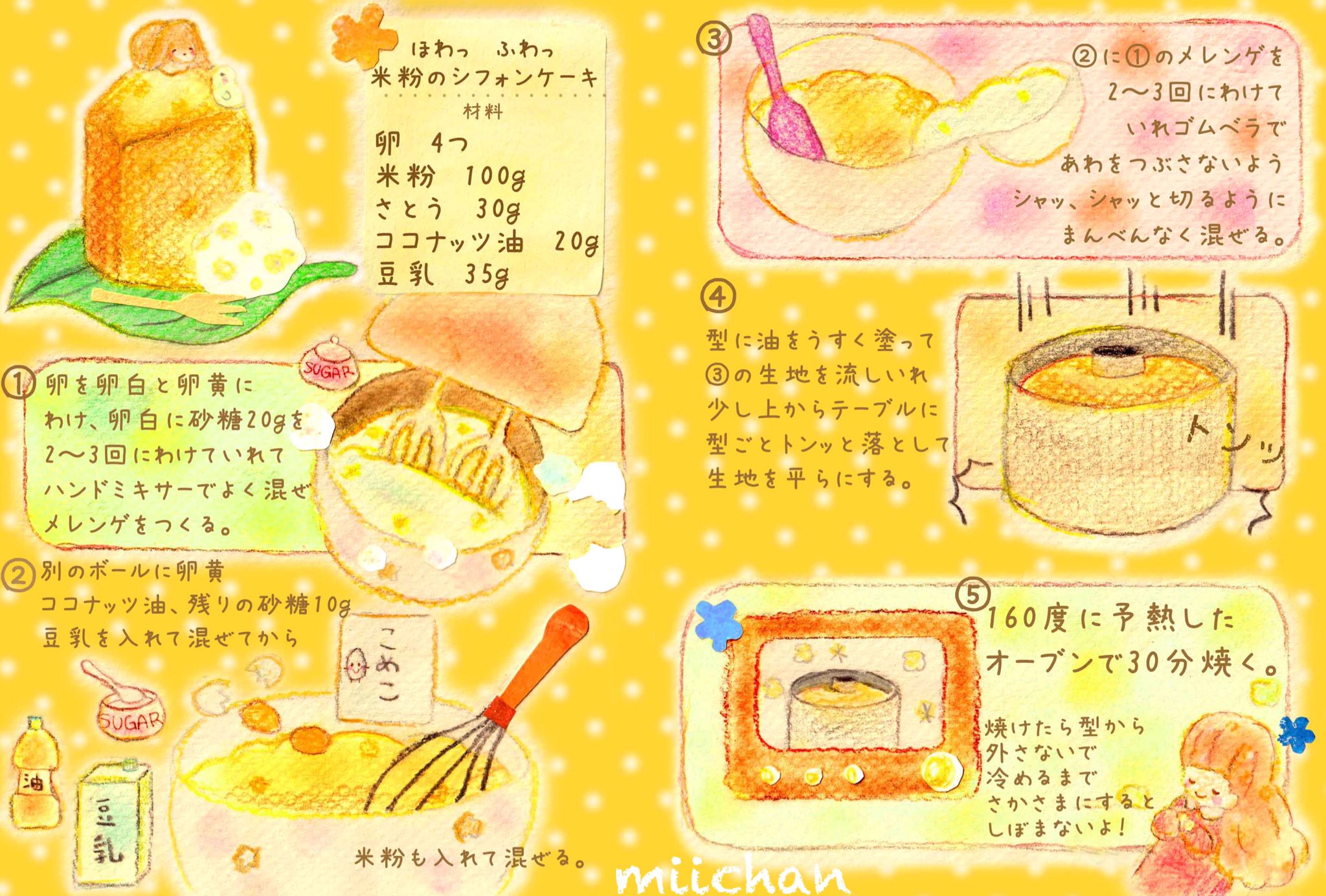 みーちゃんわーるど みーちゃんわーるどのおかしやさん ほわっ ふわっ 米粉のシフォンケーキ 砂糖 油すくなめ 米粉の体にやさしいお菓子レシピをお届けします よかったら作ってみてね イラスト ケーキ レシピ レシピイラスト 絵 パステル
