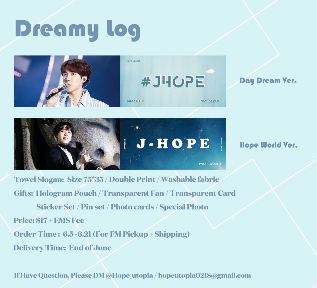 JhopeGrouporder's tweet image. Hope Utopia 1st Towel Slogan
“Dreamy Log”

▽企画元
Hope Utopiaマスター
@Hope_utopia 

【JP🇯🇵GO】
上記企画の日本グループオーダーを進行します。
～2019/06/30(日) 最終〆切
↓詳細は、下記フォームよりご確認下さい。
forms.gle/xDUcLKTPzfyeYD…