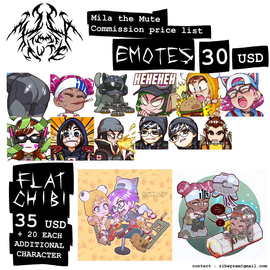 MilaTheMute's tweet photo. I'm opening a limited number of slots for commissions. Please check what I'm offering &amp; send an email to ribeyesam@gmail.com w/ description of what you're looking for &amp; references to reserve a spot :3 RTs appreciated!

Shaded chibi example is based on @watermel0n_kin's cosplay https://t.co/p2gZpdmWZb