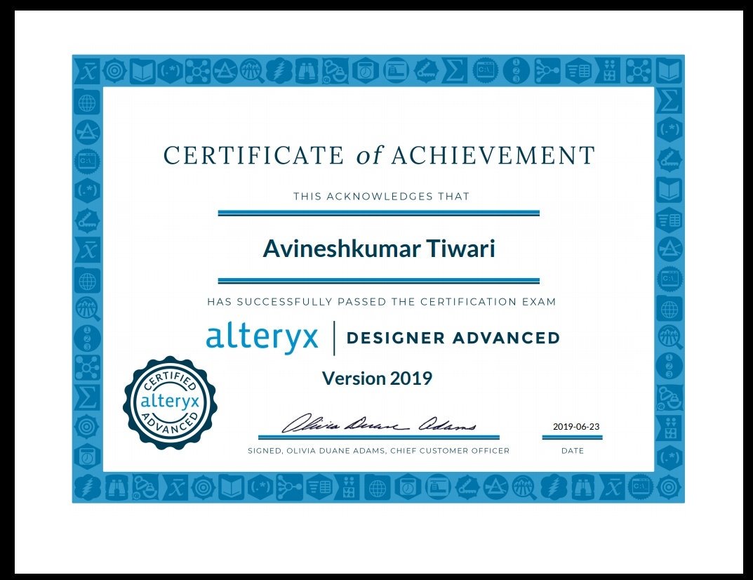 iamavinesh's tweet image. I just passed the Alteryx Designer Advanced Exam! #alteryx #alteryxacademy #alteryxcertification #neverstoplearning