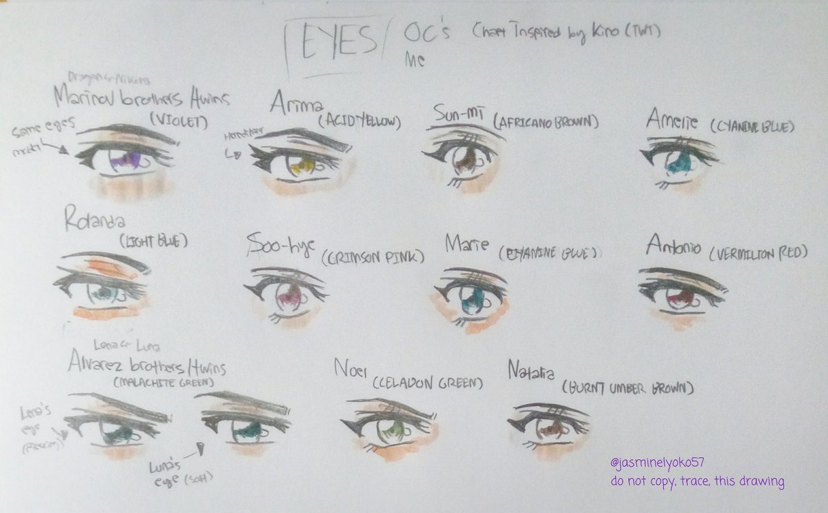 Jasminelyoko57's tweet image. HMMMMMMM THOSE EYES 👌💞💞 😏 most color names from Copics (oh my) my OCs eyes and shapes credits to @SAtuggumip for the eye chart inspiration because her arts are so gold and godly AAAAAAAAAAAA------ 💞💞💞💞

#originalcharacter #referencesheet #eyechart