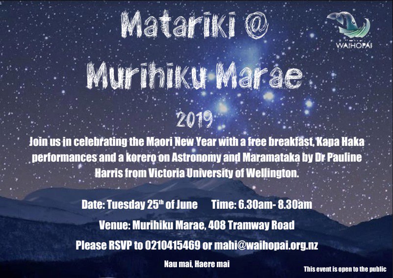 Puaka Matariki - Murihiku Marae!  6.30am tomorrow
Breakfast, Kapa Haka Performance, Korero on Astronomy by Dr Pauline Harris of <a href="/VicUniWgtn/">Te Herenga Waka—Victoria University of Wellington</a>