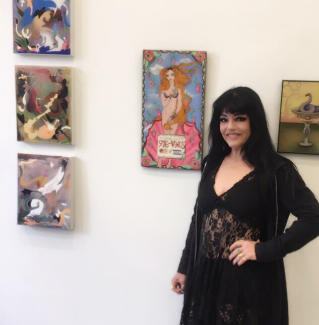 Had a fab time last night at Lisa Derrick Fine Arts Gallery in #chungkingroad in #dtla for the Gods & Goddesses show!  @ChipKinman  & @AliceBag (straight from a gig) came out. I had a Venus painting in the show.  Second group pic w/ Joseph Brooks & Lisa Derrick 💐  #artgallery