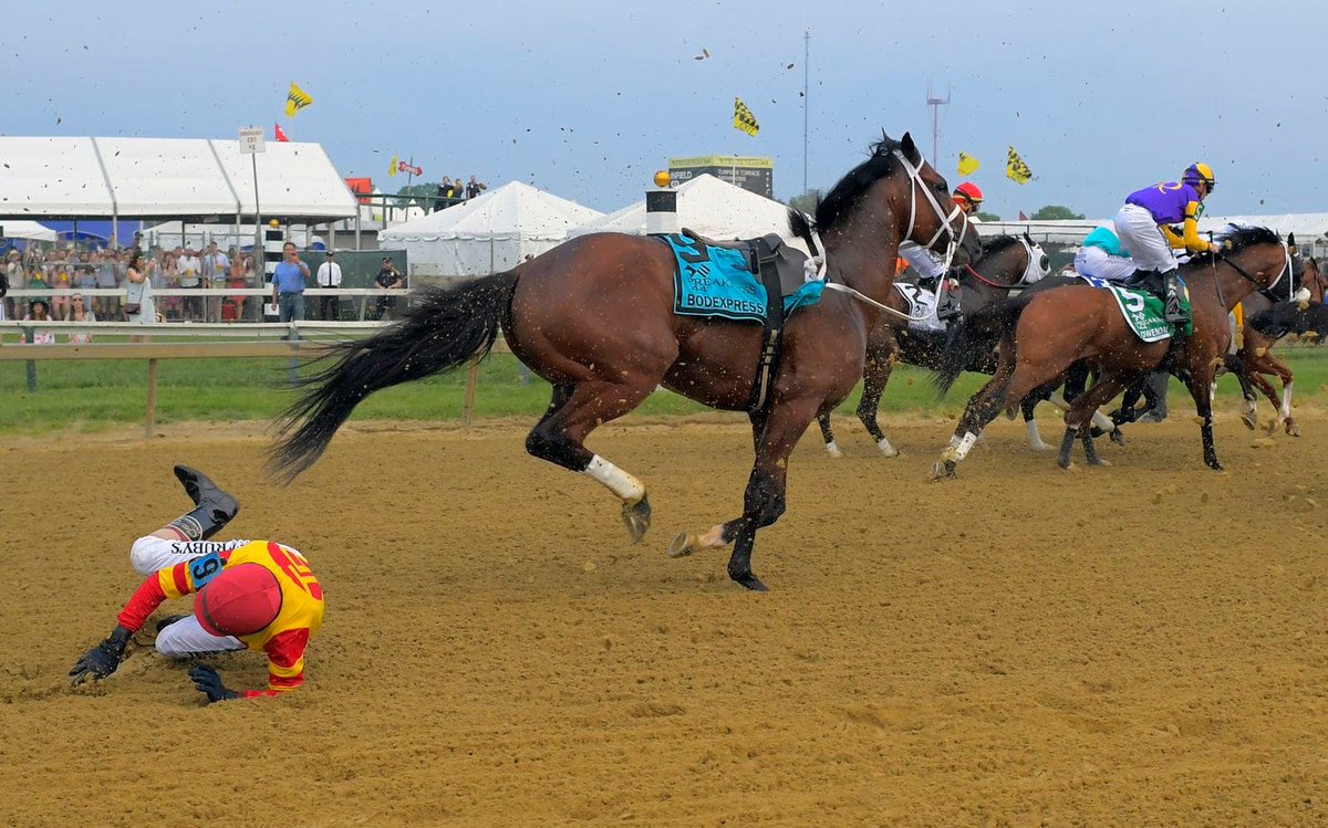 clerose8399's tweet photo. During the Preakness of this past year, jockey John Velazquez got thrown off his horse Bodexpress right at the start of the race as seen in this photo.  His horse continues to run the race and it comes to be a memorable incident for the audience to watch.  #honorssocialmedia https://t.co/HaGf2mjvLE