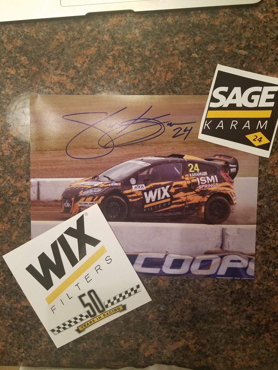 jodykaram's tweet photo. Whoaaa! A follower that retweets this will win an autographed @SageKaram first ever @ARXRallycross race pic and Sage decal! Sorry my coveted @WIXFilters 50 Years in Racing decal is off limits! @CkyLady pic credit. https://t.co/FtTNpjPXBQ