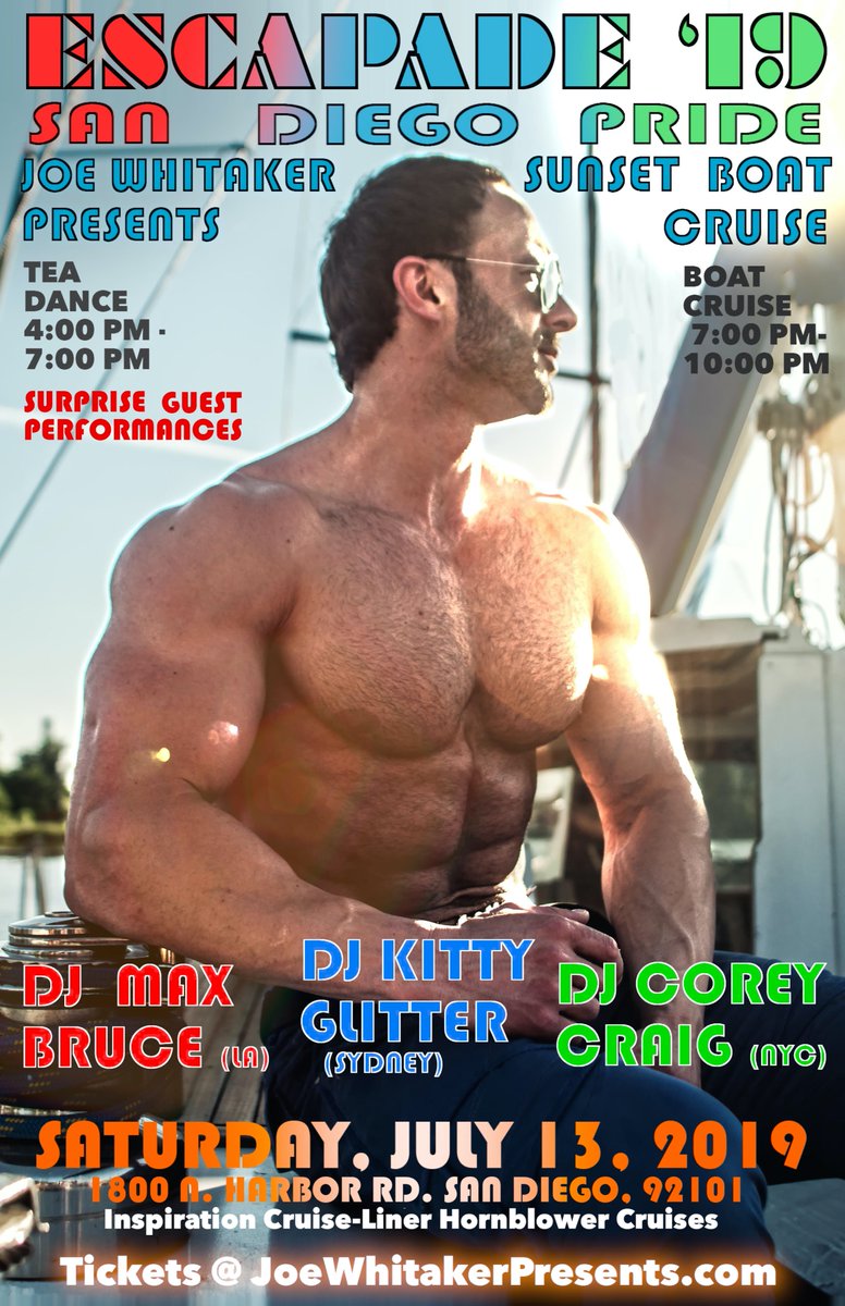 JoeWhitaker01's tweet photo. SD PRIDE HAPPINESS TEA DANCE &amp; ESCAPADE SUNSET CRUISE SAN DIEGO JULY 13! Tickets &amp; Information visit (link: https://t.co/cke0fnfazW) https://t.co/cke0fnfazW #SDPride #SanDiego #Pride #Pride2019 #PrideMonth #SanDiegoPride #JoeWhitakerPresents #HappinessTeaDance #EscapadeSanDiego https://t.co/HjVOC0UVSb