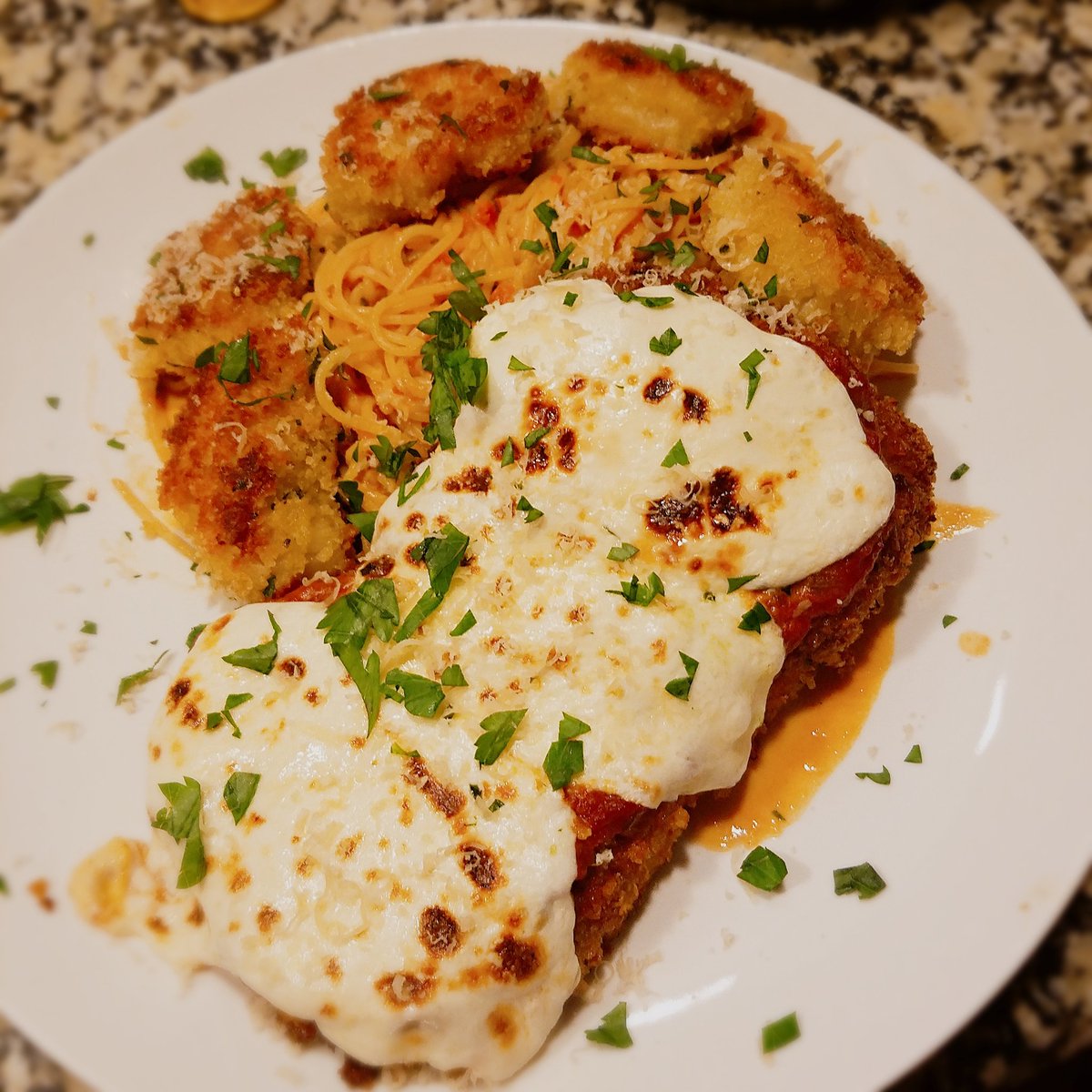 CulinaryGeekRoy's tweet photo. Celebrating the #Batman89 with Veal Parm, Parmesan Crusted Shrimp, and Angel Hair in a White Wine Cream Sauce. #Batman1989 #batman30th #Food #Foodie https://t.co/nb1uF3yNky