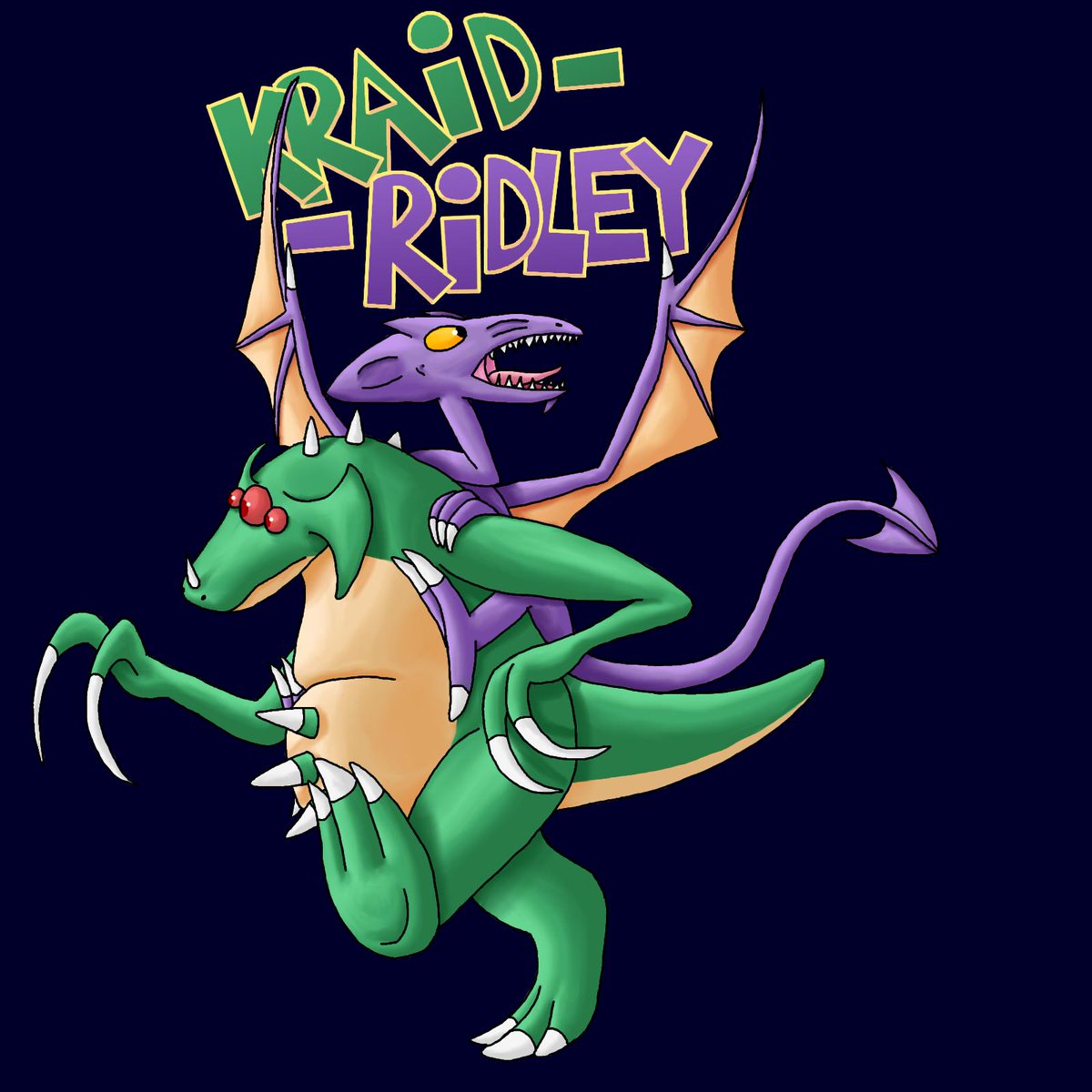Mumkhangela's tweet image. All right, the finished version!
Kraid-Ridley - the new collectathon platformer Metroid spin-off.

I'm also considering putting this design up for sale.
#ridley #kraid