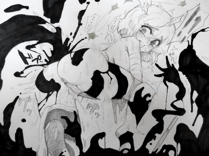 「【金縛り】+【スリップダメージ】効果のある影縫いを喰らってしまった女冒険者」の感じです

今回はミリペンとマーカーでベタ塗りしてみたり 