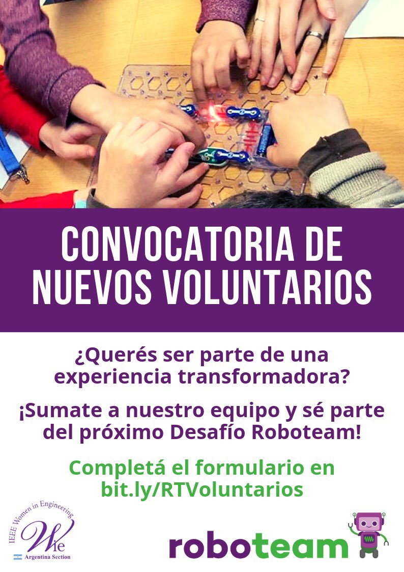Querés formar parte de un equipo interdisciplinario, donde brindamos talleres gratuitos para promover interés en #STEM en un ambiente de diversidad e inclusión? 
Anotate en nuestra Convocatoria de Voluntarios @RoboTeamOficial! Tenés tiempo hasta el 5/7!
📝bit.ly/RTVoluntarios