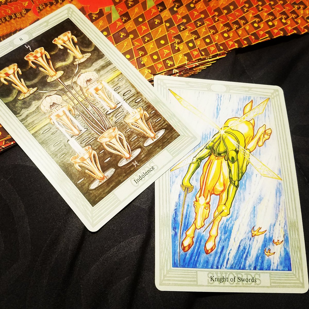 Castle_D_Scott's tweet image. 8 of cups: Indolence.  And to help answer when I say &quot;No&quot; Is Knight of Swords.
#thothdeck #eightofcups #indolence #knightofswords #tarot