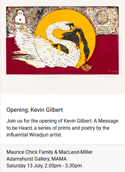 WgarNews's tweet photo. Opening of #KevinGilbert: #AMessageToBeHeard 
aSeries of #PrintsAndPoetry by Influential #AboriginalArtist #AboriginalActivist 
Sat13July19 #MAMAlbury 
https://t.co/BVmLEDlZB8
#WGARenewsletter 24Jun19 ft #UncleKevinGilbert #AboriginalPoetry #AboriginalArt: https://t.co/fZr3O6irLK https://t.co/MJ4YgnH0tj