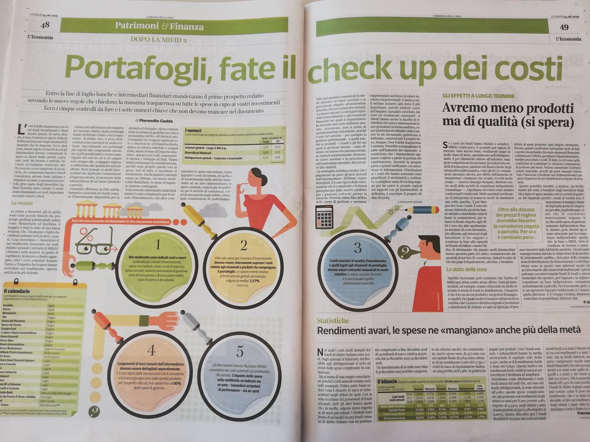 gaddap's tweet image. Portafogli, come fare il check-up sui costi. I 7 numeri da guardare e i 5 controlli da fare. Oggi #inedicola con @L_Economia del @Corriere anche il calendario di invio del nuovo rendiconto finanziario (secondo le regole #mifid2) per 30 banche e reti di consulenza.