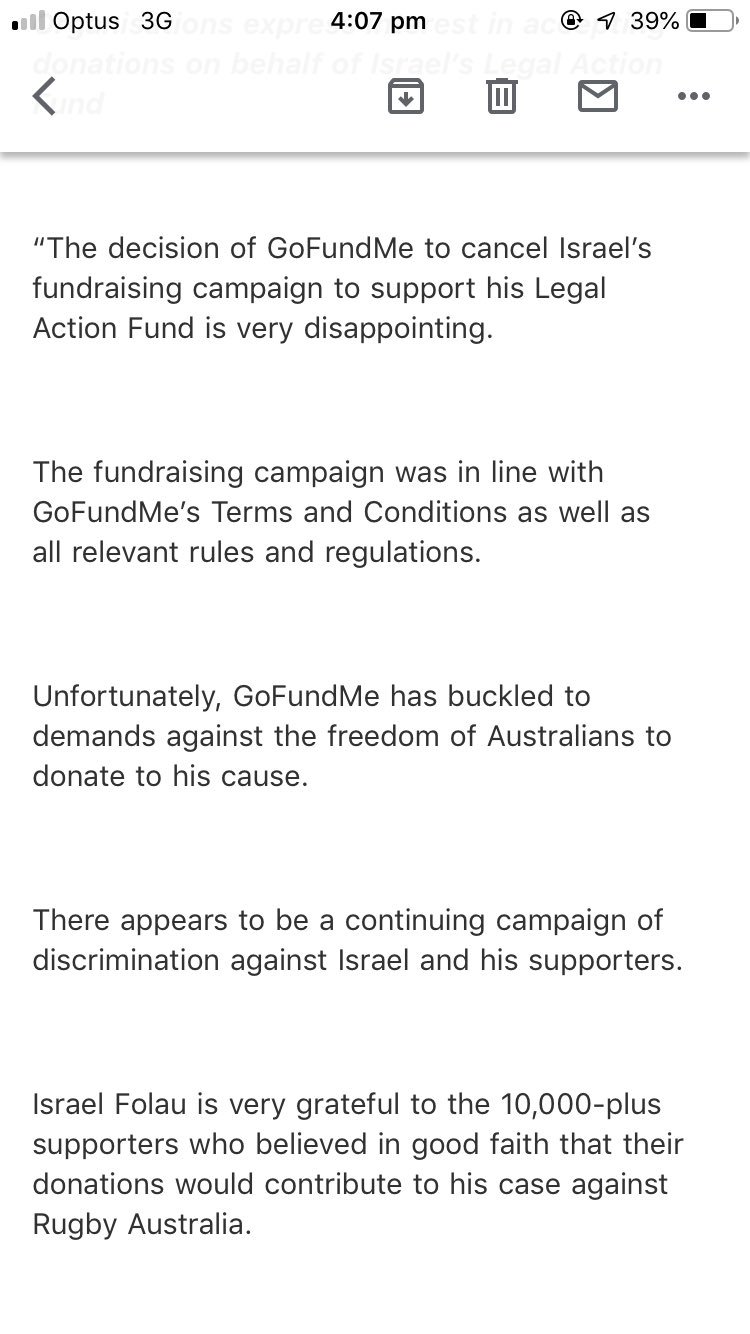 Tom Decent On Twitter Breaking Statement From Folau Camp After Gofundme Page Pulled Down Https T Co Qnz0pbd96q Twitter