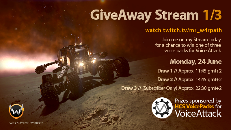 First giveaway stream starts today! Winners get to choose a HCS Voice Pack from hcsvoicepacks.com.

<a href="/VoiceAttack/">VoiceAttack</a> @VoicePacks <a href="/ZAStreams/">ZA Streams</a> <a href="/SOVStreamTeam/">Sovereignty Stream Team</a> <a href="/The_Sovereignty/">The Sovereignty</a> <a href="/EliteDangerous/">Elite Dangerous</a>

#voiceattack #elitedangerous