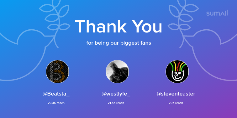 Our biggest fans this week: Beatsta_, westlyfe_, steventeaster. Thank you! via sumall.com/thankyou?utm_s…