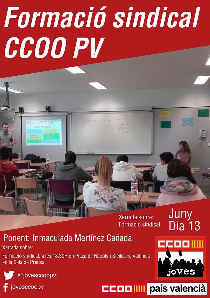 jovesccoopv's tweet photo. El 13 de juny tindrà lloc una xarrada sobre Formació Sindical, a les 18:30h, en la seu de @ccoopv (Plaça de Nàpols i Sicília, 5, València) https://t.co/xrJCx37l1O