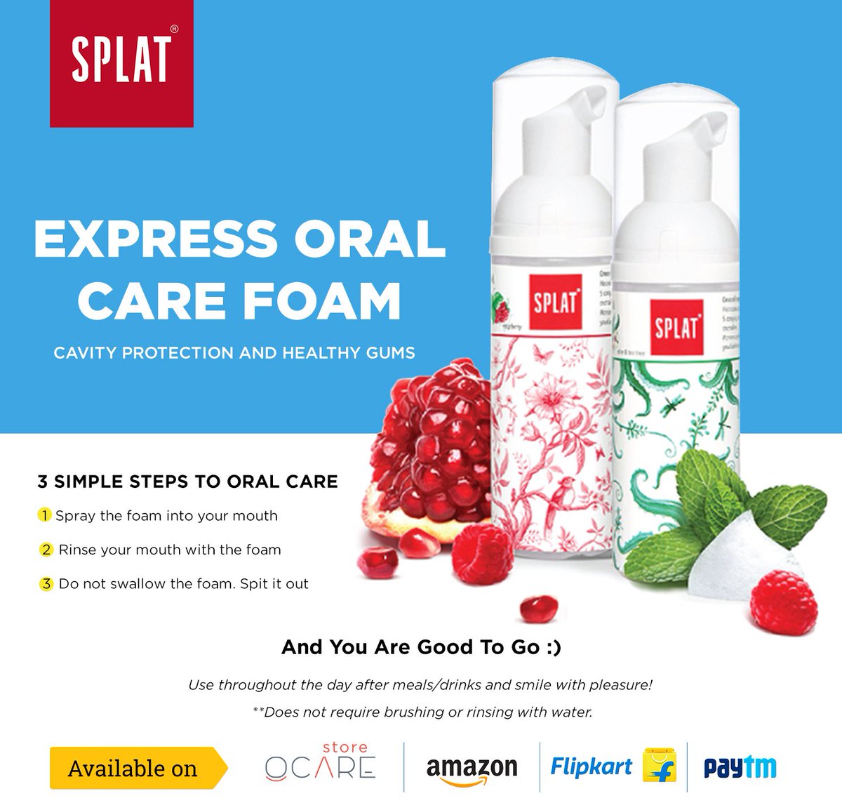 SplatIndia's tweet photo. Start foaming and keep roaming! SPLAT introduces a range of SPLAT foams for your Freshness on the GO! Buy @ the all new OCARE store https://t.co/Z9uZ1GlMhQ