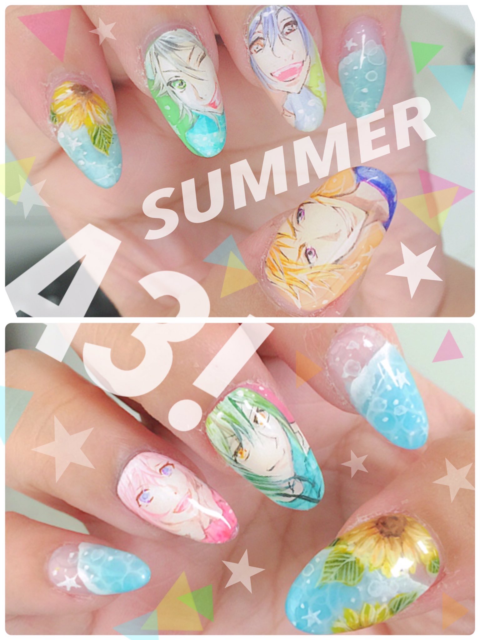 ネイルサロンmarch Twitterren 新宿店とぐらです ਊ 自分の爪をa3 夏組ネイルにしました 他の指も水面アートにひまわりでthe 夏です 痛ネイル 新宿ネイルサロン Nail Nails キャラクターネイル エースリー 夏ネイル 夏組 Summer