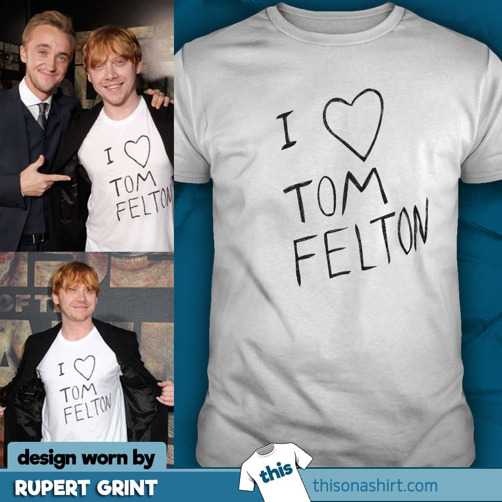 ThisOnAShirt's tweet photo. Celebrities wearing this on a shirt!

"I heart Tom Felton" - hand-drawn by Tom Felton on the shirt of Rupert Grint, during a film premiere. https://t.co/sDKlG6mOoa