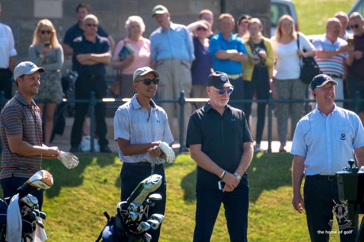 VisitScotNews's tweet photo. Fore! @BarackObama visit was a hit @TheHomeofGolf yesterday ⛳️  Haste ye back to #Scotland soon! Photos courtesy of St Andrews Links. https://t.co/K166Kaq3lM