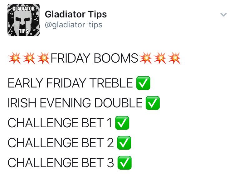 gladiator_tips's tweet image. Winners this morning.
Updated:

INPLAY BET 1 ✅
INPLAY BET 2 ✅
INPLAY BET 3 ✅
CHALLENGE BET 4 ✅ 
INPLAY BET 4 ✅

FRIDAY'S WINNERS👇🏻