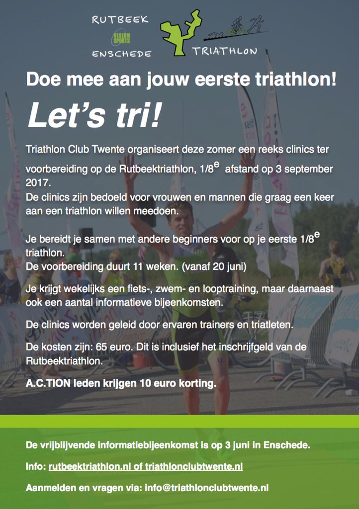 Volgende week 3 juni, beginnen we.
Er zijn nog een paar plaatsen vrij, meld je snel aan! 
Doe mee aan de triathlonclinics!!
<a href="/TCTwente/">TriathlonClubTwente</a>