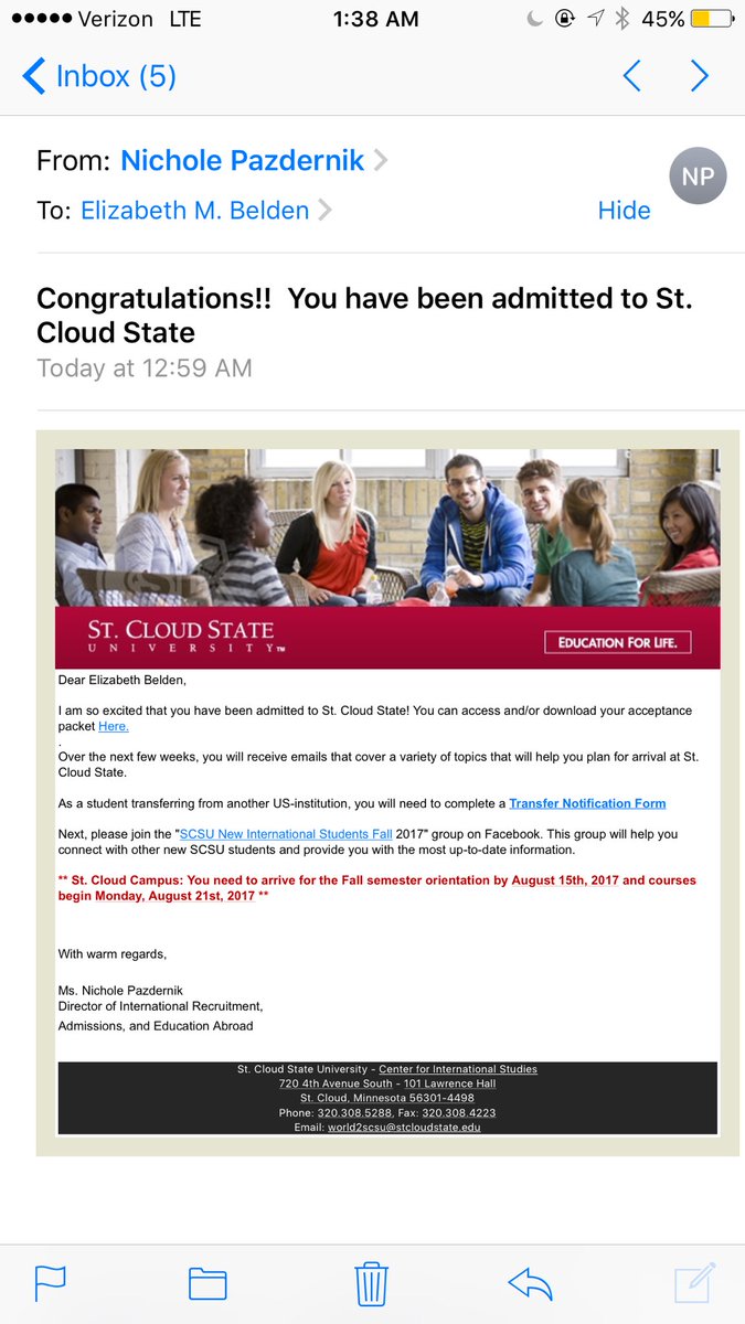 Liz_beehonest's tweet photo. Only in Cloud do you receive an acceptance email from SCSU after you've graduated, received a diploma &amp; have a job. #BLESS @OnlyInCloud https://t.co/zTc8sP12x5