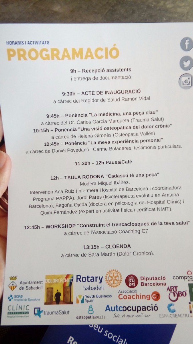 BegOjeda's tweet photo. Una programación muy interesante. Profesionales y afectados de dolor en #jornadadolorcronicsabadell @jdcsabadell https://t.co/vhIKohKhCJ