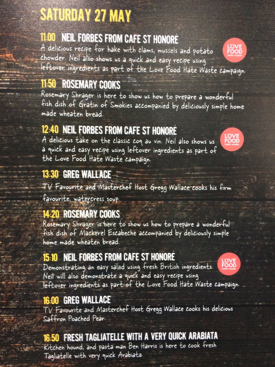 ideal_home_show's tweet photo. This timetable is making us peckish! Take your pick of what's on this Saturday on the #FoodieLab π½ #EatDrinkGlasgow https://t.co/pHxQdXaksq