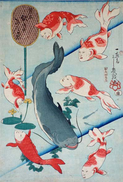 不気味な人面魚たちが盛りだくさん。すべて歌舞伎役者の似顔絵になっ