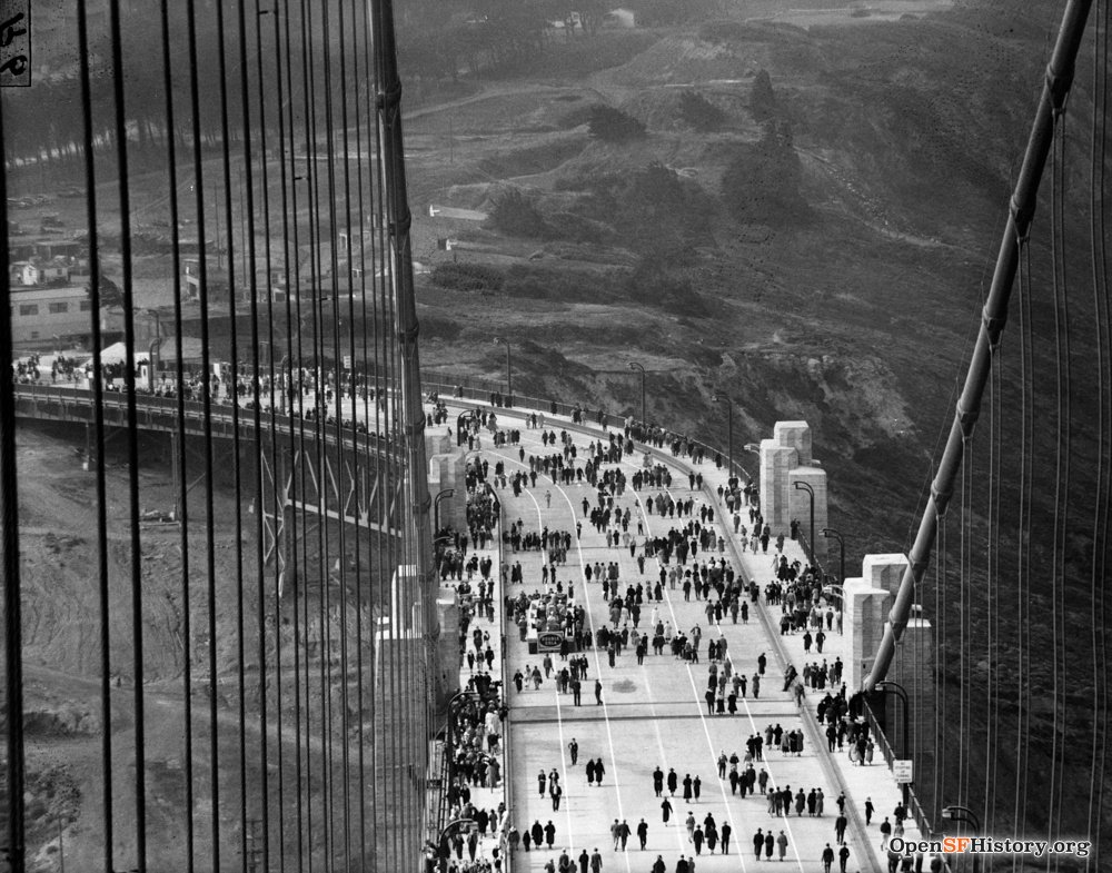 presidiosf's tweet photo. Happy 80th birthday to one big beautiful bridge. (Photo: Pedestrians walk across the bridge on opening day, May 27, 1937.) https://t.co/k9LjTkrYjI