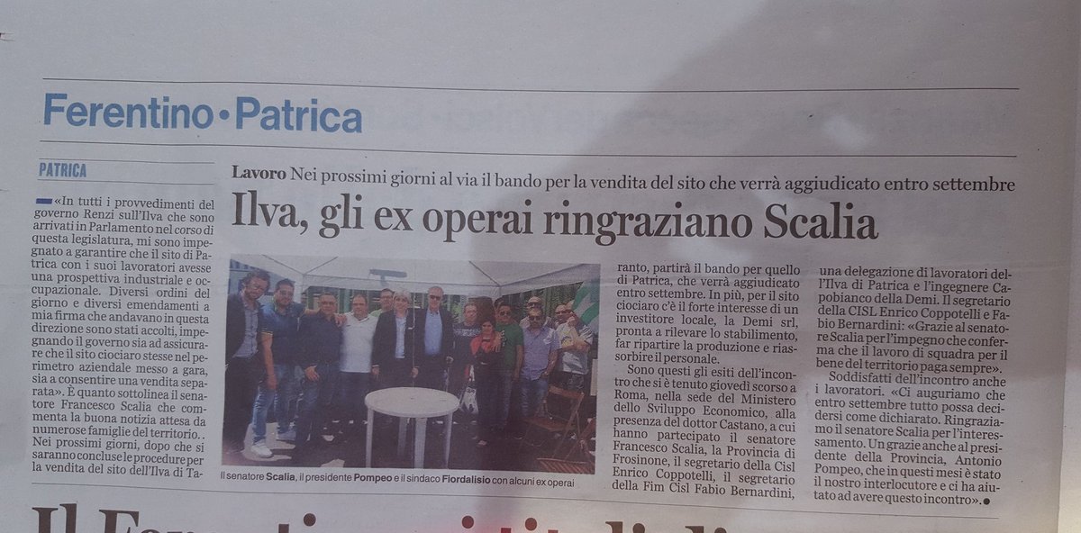 f_scalia's tweet photo. Dalla #rassegnastampa #Ilva #Patrica https://t.co/M7P5SU5HNH