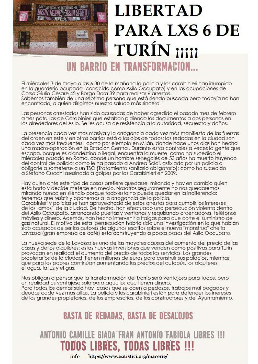AntifaMadrid's tweet photo. ¡ATENCIÓN!
Antonio, Camille, Giada, Fran, Antonio y Fabiola.
Nuevas víctimas de un montaje policial en Turín.
¡Libertad Para LxS 6 de Turín! https://t.co/l5Uif3OGqw